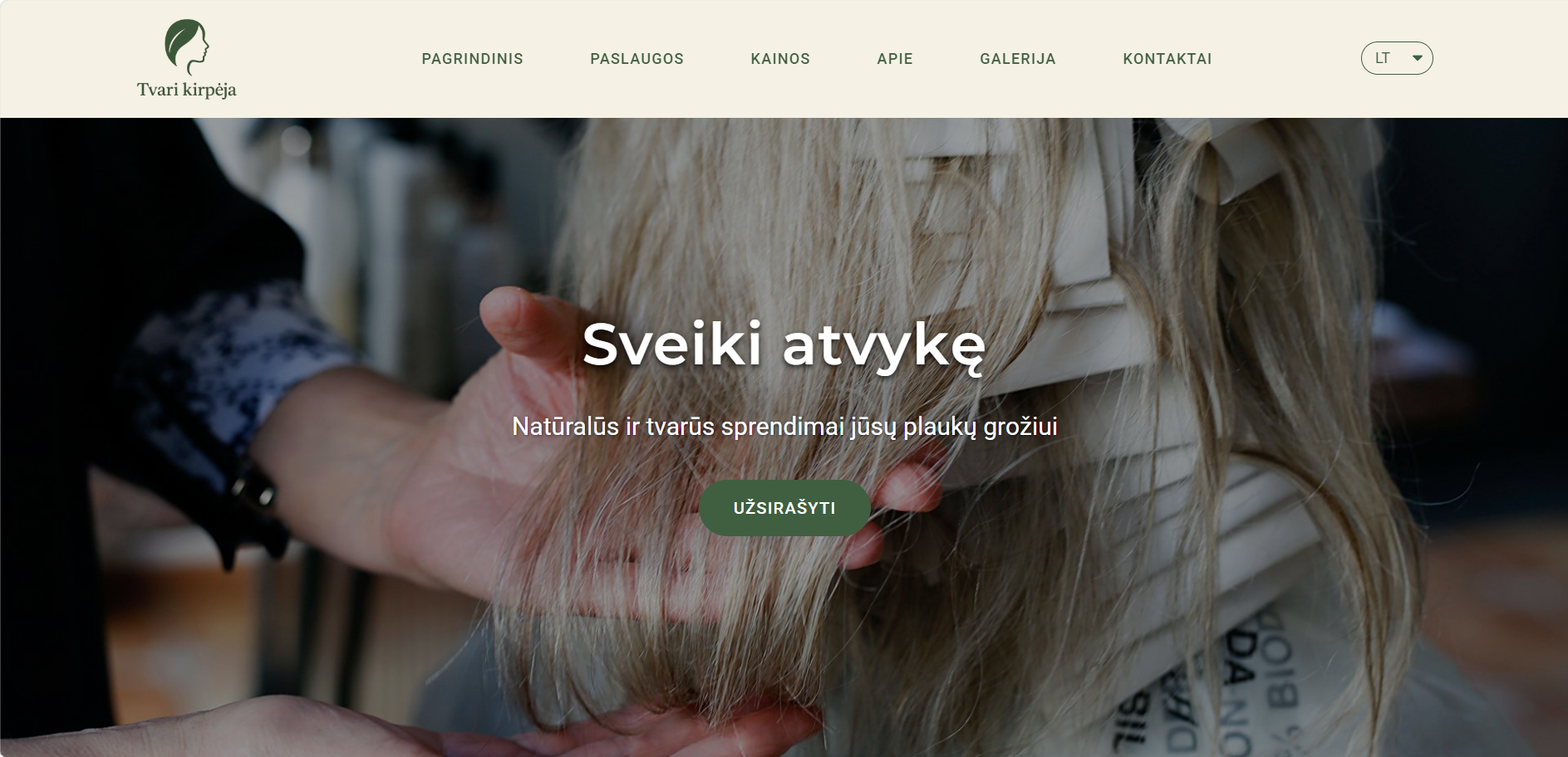 Tvari Kirpėja sustainable hair salon website by INTECH